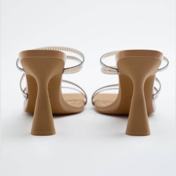 NWT. Zara Beige Rhinestones Details Squared Toe Sandals. Size 9 - Picture 3 of 8